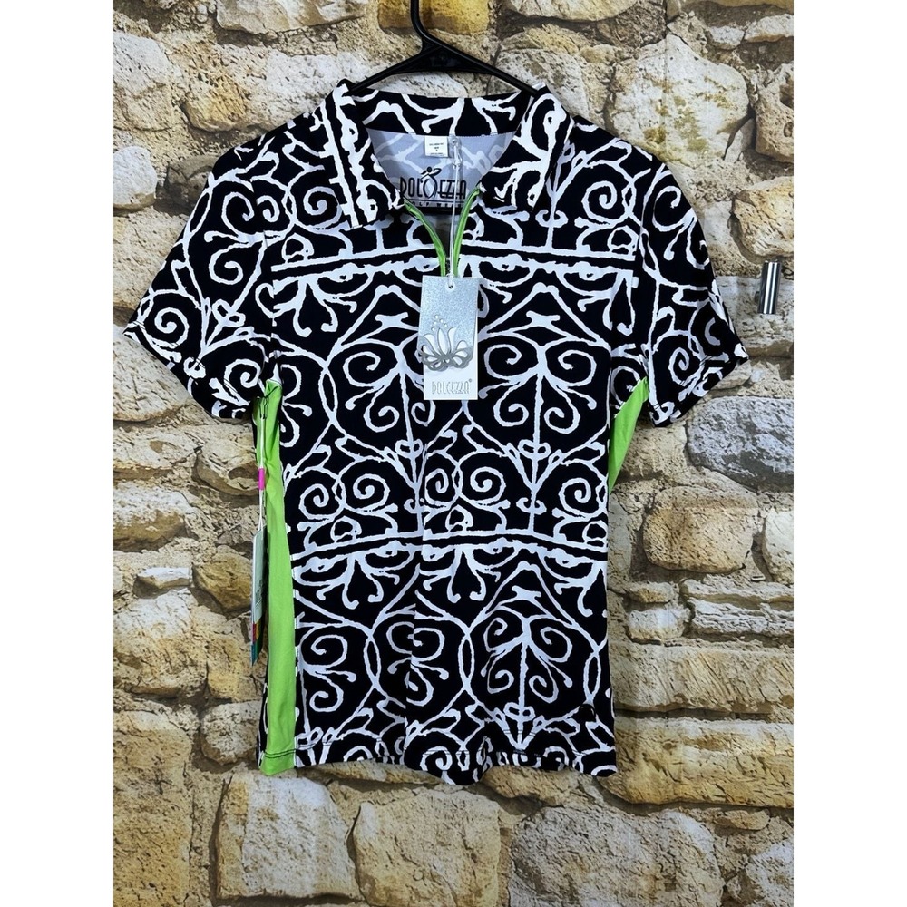 Dolcezza Women's Short Sleeve Golf Polo Shirt Black and White Scroll Print